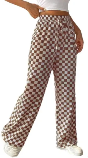 Women's Drawstring Checkered Trousers High Waist Plaid Wide Leg Pants Y2k Streetwear Straight Pants with Pockets