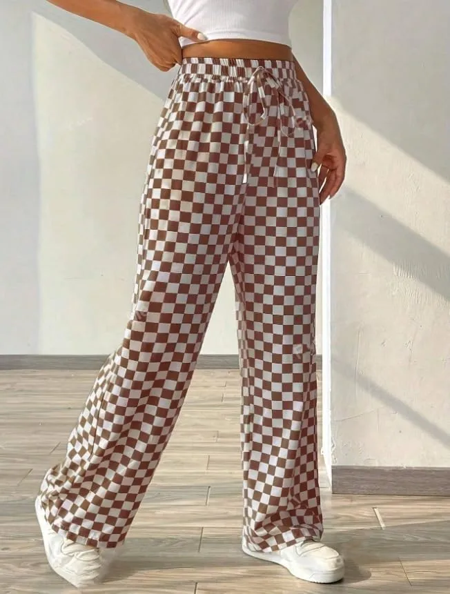 Women's Drawstring Checkered Trousers High Waist Plaid Wide Leg Pants Y2k Streetwear Straight Pants with Pockets
