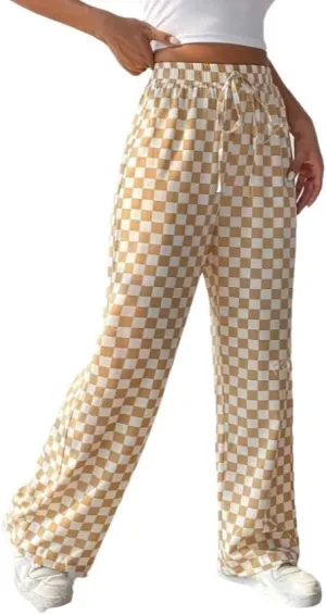 Women's Drawstring Checkered Trousers High Waist Plaid Wide Leg Pants Y2k Streetwear Straight Pants with Pockets