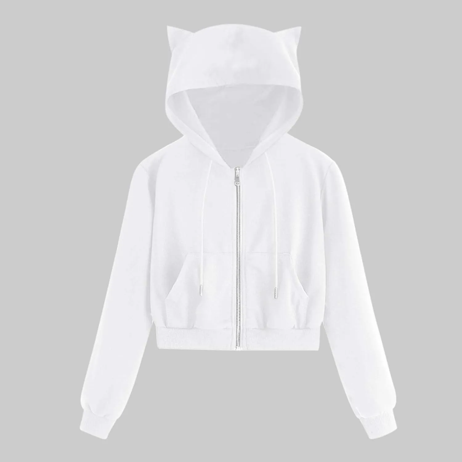 Women's Drawstring Cropped Hoodies Cute Zip Up Sweatshirt with Cat Ear Teen Girls Kawaii Plain Workout Crop Tops