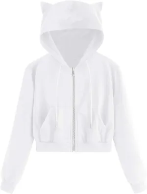 Women's Drawstring Cropped Hoodies Cute Zip Up Sweatshirt with Cat Ear Teen Girls Kawaii Plain Workout Crop Tops