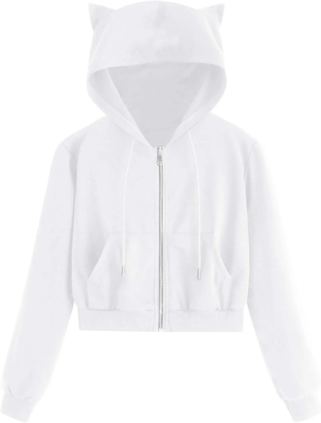 Women's Drawstring Cropped Hoodies Cute Zip Up Sweatshirt with Cat Ear Teen Girls Kawaii Plain Workout Crop Tops