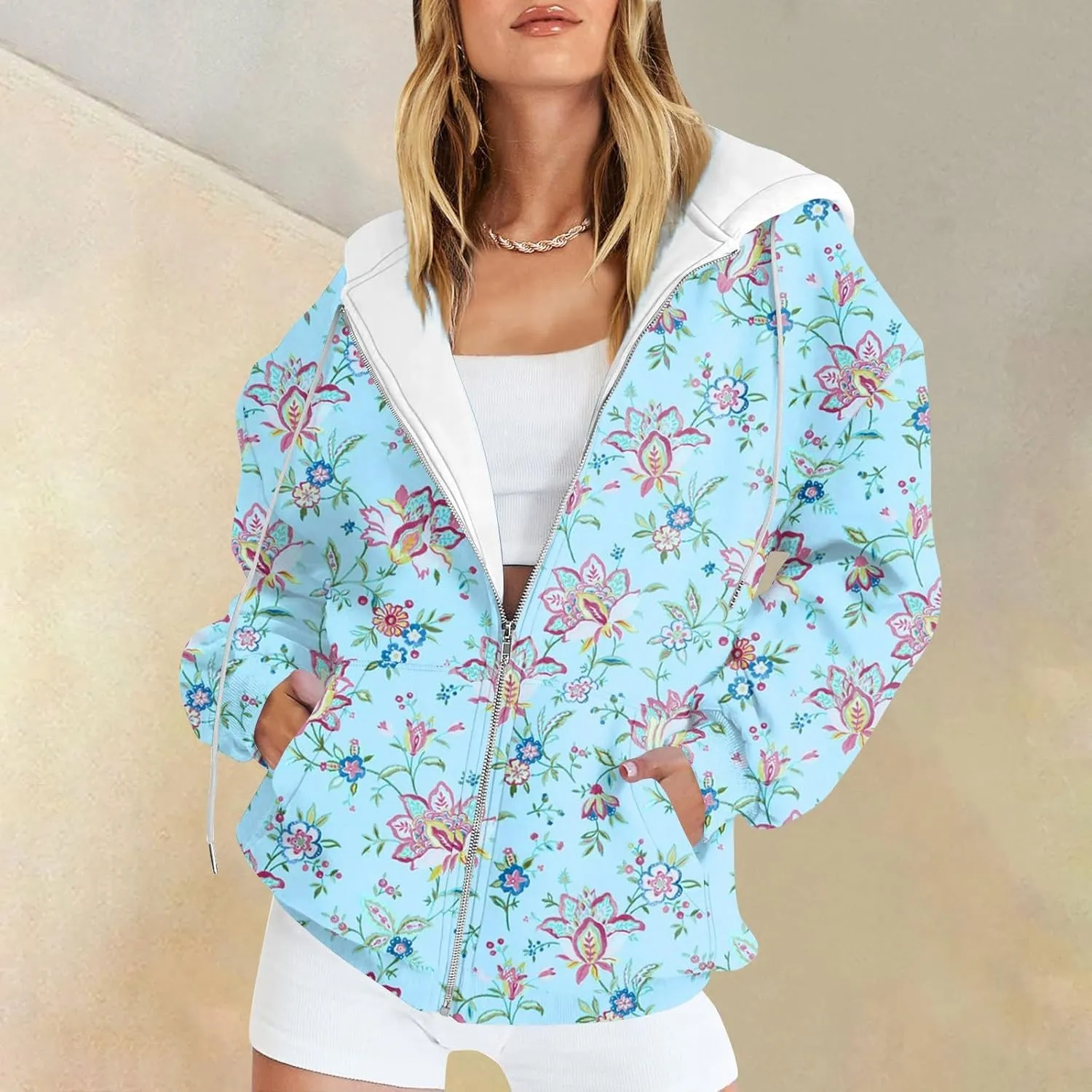 Women's Fashion Floral Print Zip Up Hoodies With Pockets, Casual Style, Long Sleeve, S-3XL