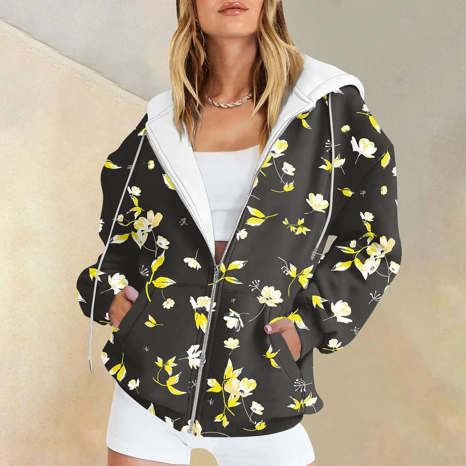 Women's Fashion Floral Print Zip Up Hoodies With Pockets, Casual Style, Long Sleeve, S-3XL