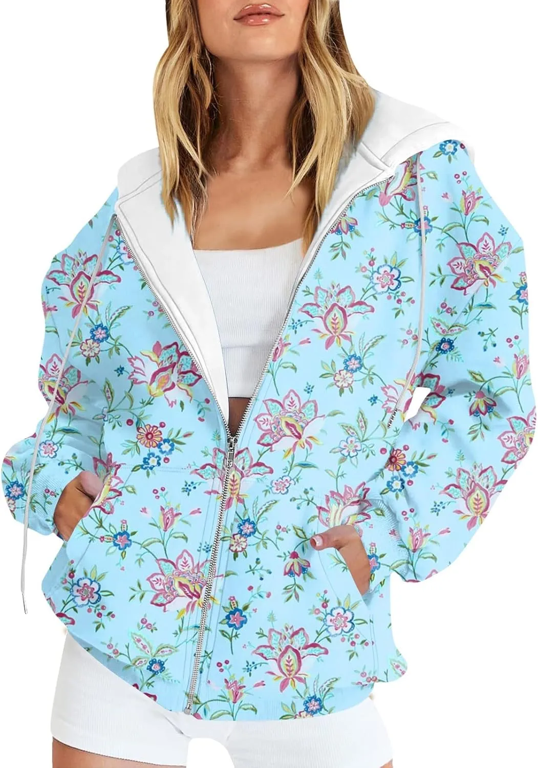Women's Fashion Floral Print Zip Up Hoodies With Pockets, Casual Style, Long Sleeve, S-3XL