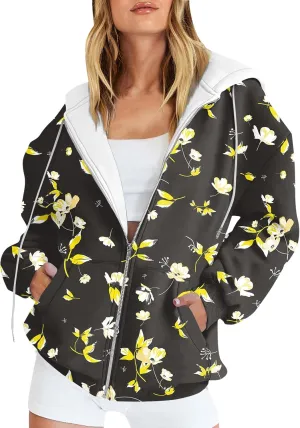 Women's Fashion Floral Print Zip Up Hoodies With Pockets, Casual Style, Long Sleeve, S-3XL