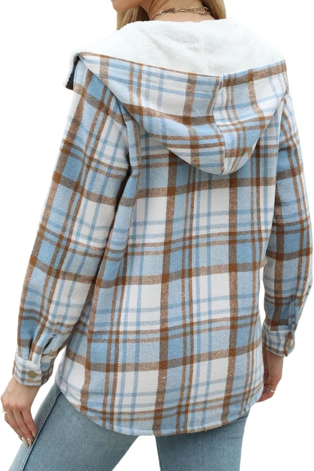 Womens Fleece Lined Jacket Flannel Plaid Shacket Casual Long Sleeve Button Down Hooded Jackets Fuzzy Warm Hoodies
