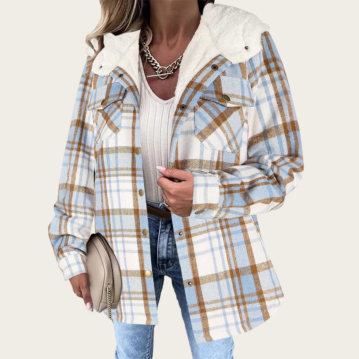 Womens Fleece Lined Jacket Flannel Plaid Shacket Casual Long Sleeve Button Down Hooded Jackets Fuzzy Warm Hoodies