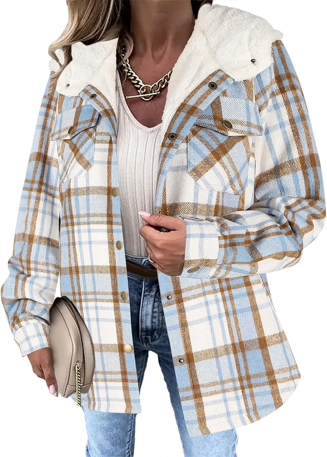 Womens Fleece Lined Jacket Flannel Plaid Shacket Casual Long Sleeve Button Down Hooded Jackets Fuzzy Warm Hoodies