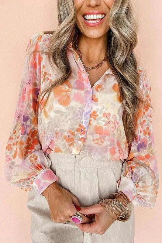 Women's Floral Print Balloon Sleeve Loose Shirt