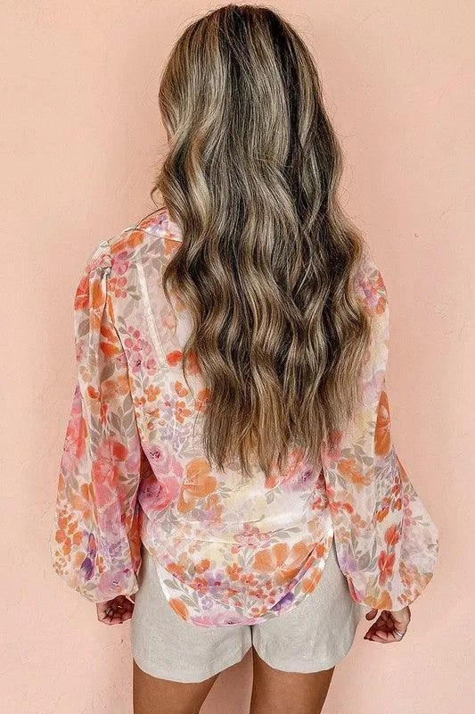 Women's Floral Print Balloon Sleeve Loose Shirt