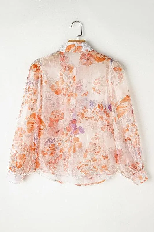 Women's Floral Print Balloon Sleeve Loose Shirt
