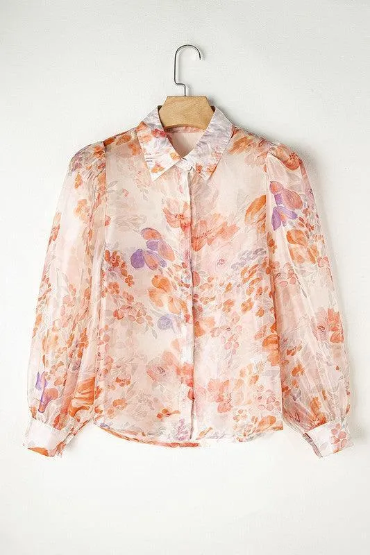 Women's Floral Print Balloon Sleeve Loose Shirt