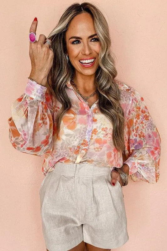 Women's Floral Print Balloon Sleeve Loose Shirt