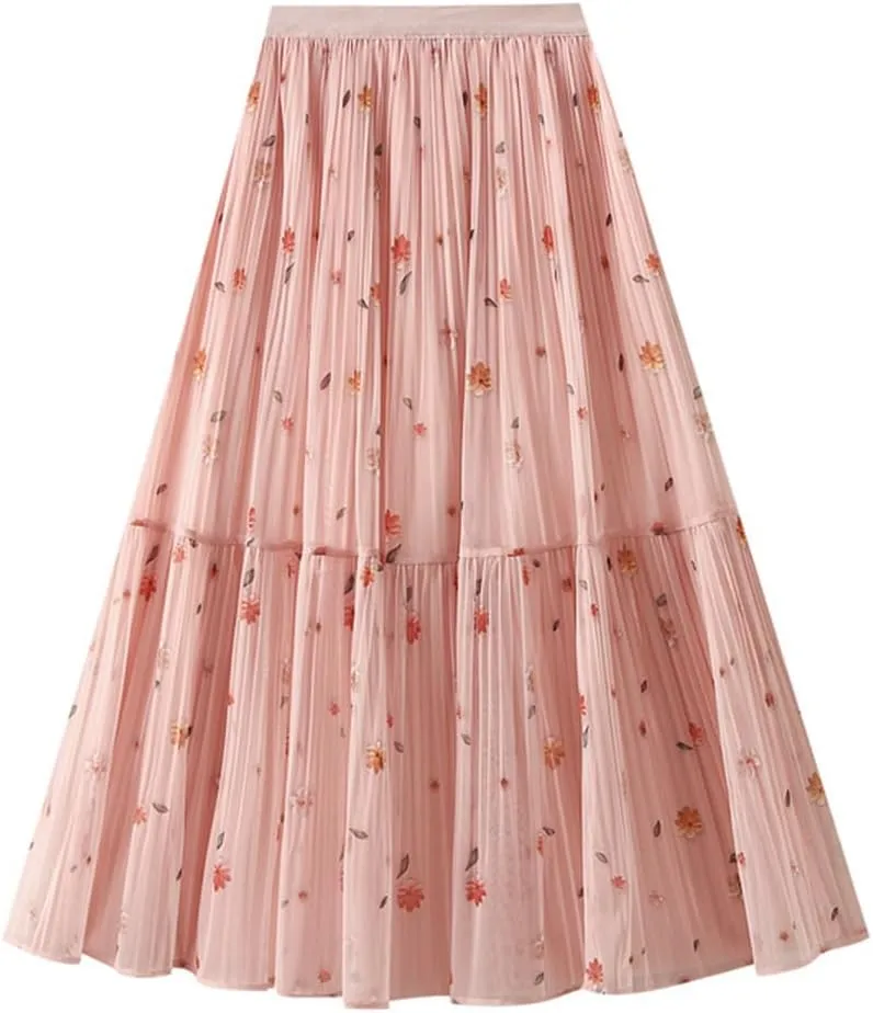 Womens Floral Print Maxi Skirts Elastic High Waist A Line Pleated Skirt Flowy Beach Long Skirt