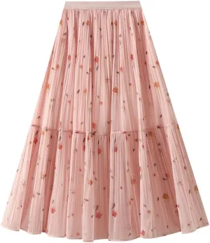 Womens Floral Print Maxi Skirts Elastic High Waist A Line Pleated Skirt Flowy Beach Long Skirt