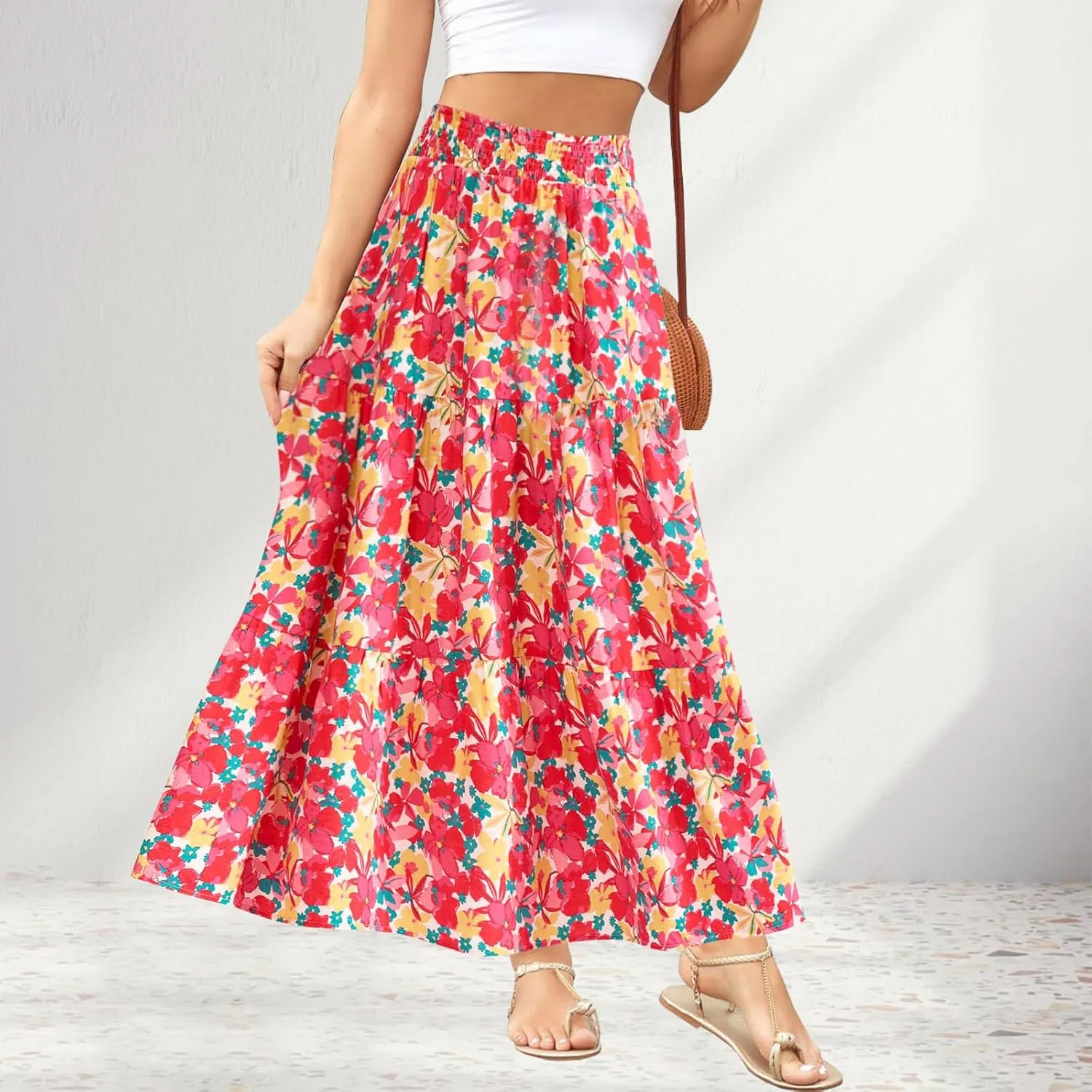 Women's Floral Print Midi Maxi Skirts Summer Elastic High Waist Pleated Aline Flowy Boho Long Skirt with Pockets