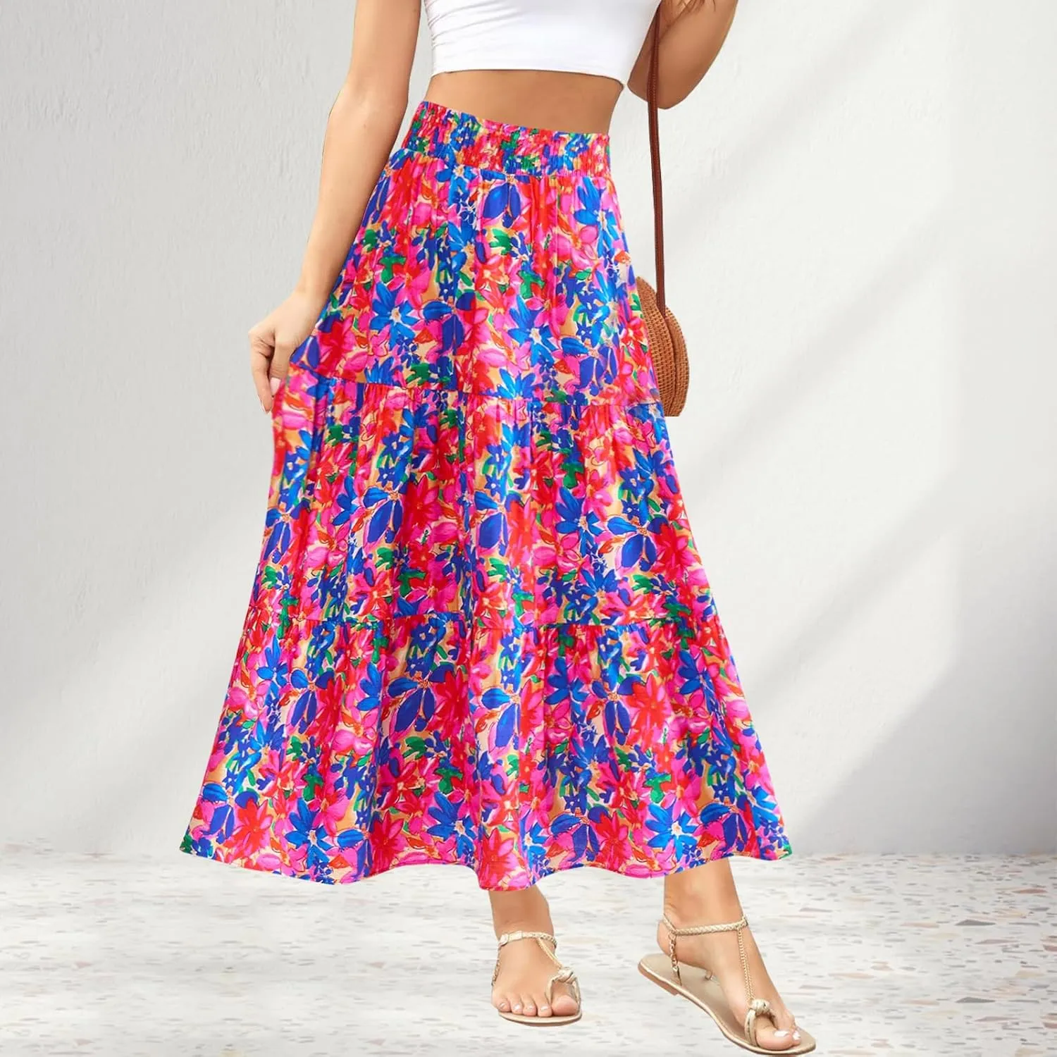 Women's Floral Print Midi Maxi Skirts Summer Elastic High Waist Pleated Aline Flowy Boho Long Skirt with Pockets