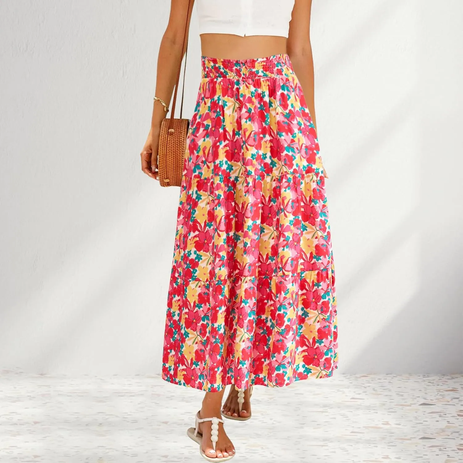 Women's Floral Print Midi Maxi Skirts Summer Elastic High Waist Pleated Aline Flowy Boho Long Skirt with Pockets
