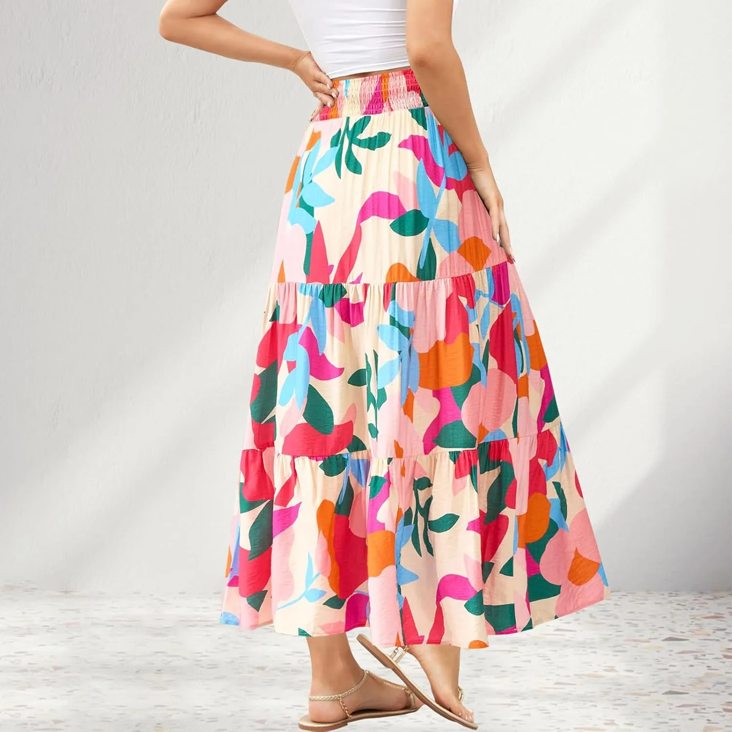 Women's Floral Print Midi Maxi Skirts Summer Elastic High Waist Pleated Aline Flowy Boho Long Skirt with Pockets