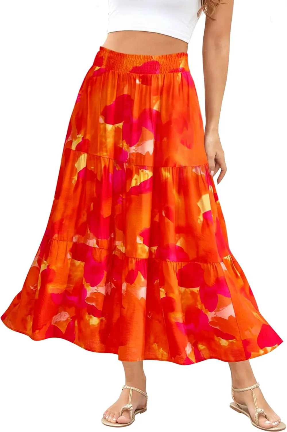 Women's Floral Print Midi Maxi Skirts Summer Elastic High Waist Pleated Aline Flowy Boho Long Skirt with Pockets