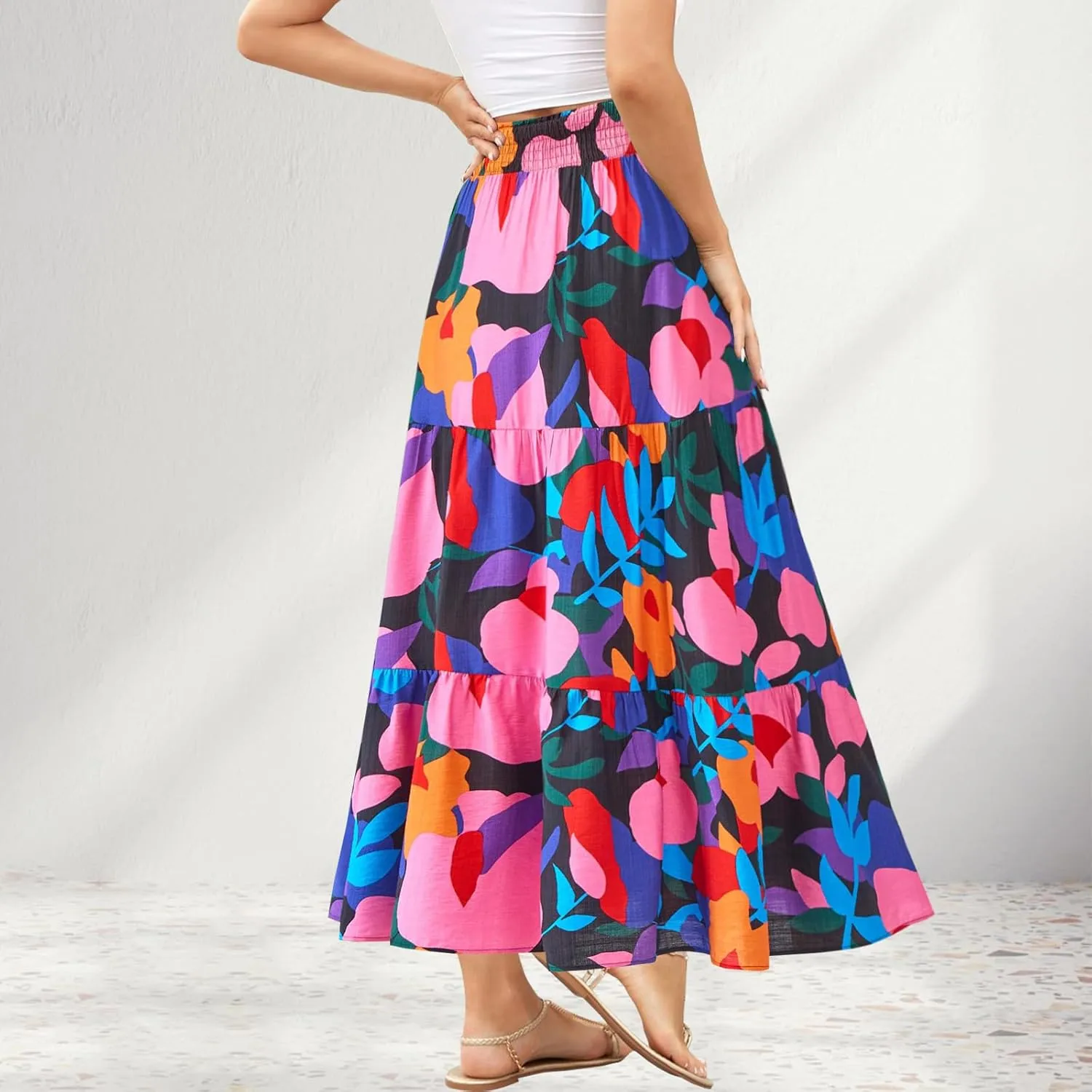 Women's Floral Print Midi Maxi Skirts Summer Elastic High Waist Pleated Aline Flowy Boho Long Skirt with Pockets