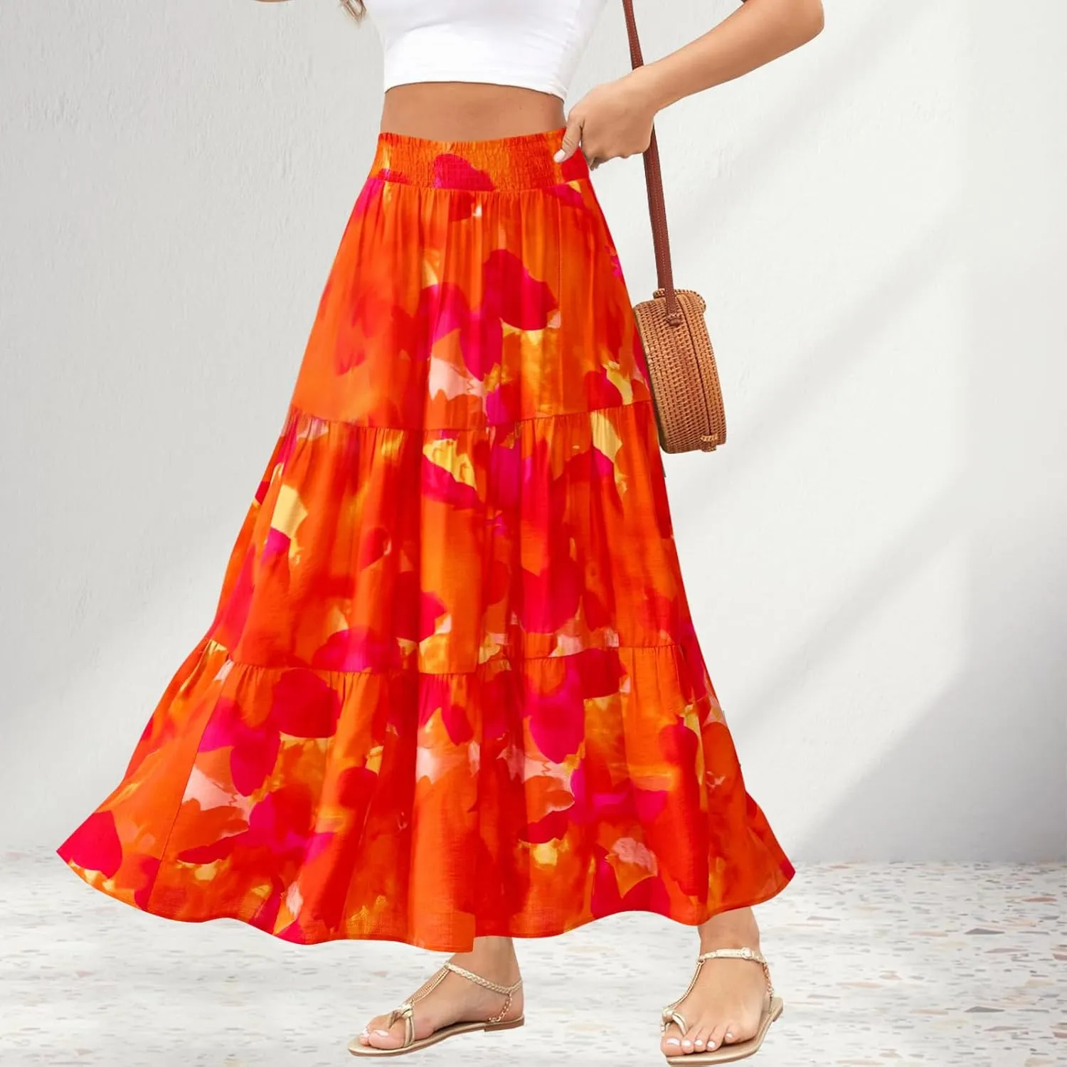 Women's Floral Print Midi Maxi Skirts Summer Elastic High Waist Pleated Aline Flowy Boho Long Skirt with Pockets