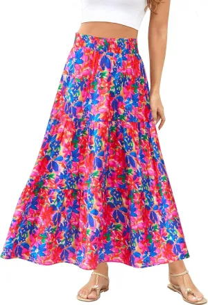 Women's Floral Print Midi Maxi Skirts Summer Elastic High Waist Pleated Aline Flowy Boho Long Skirt with Pockets