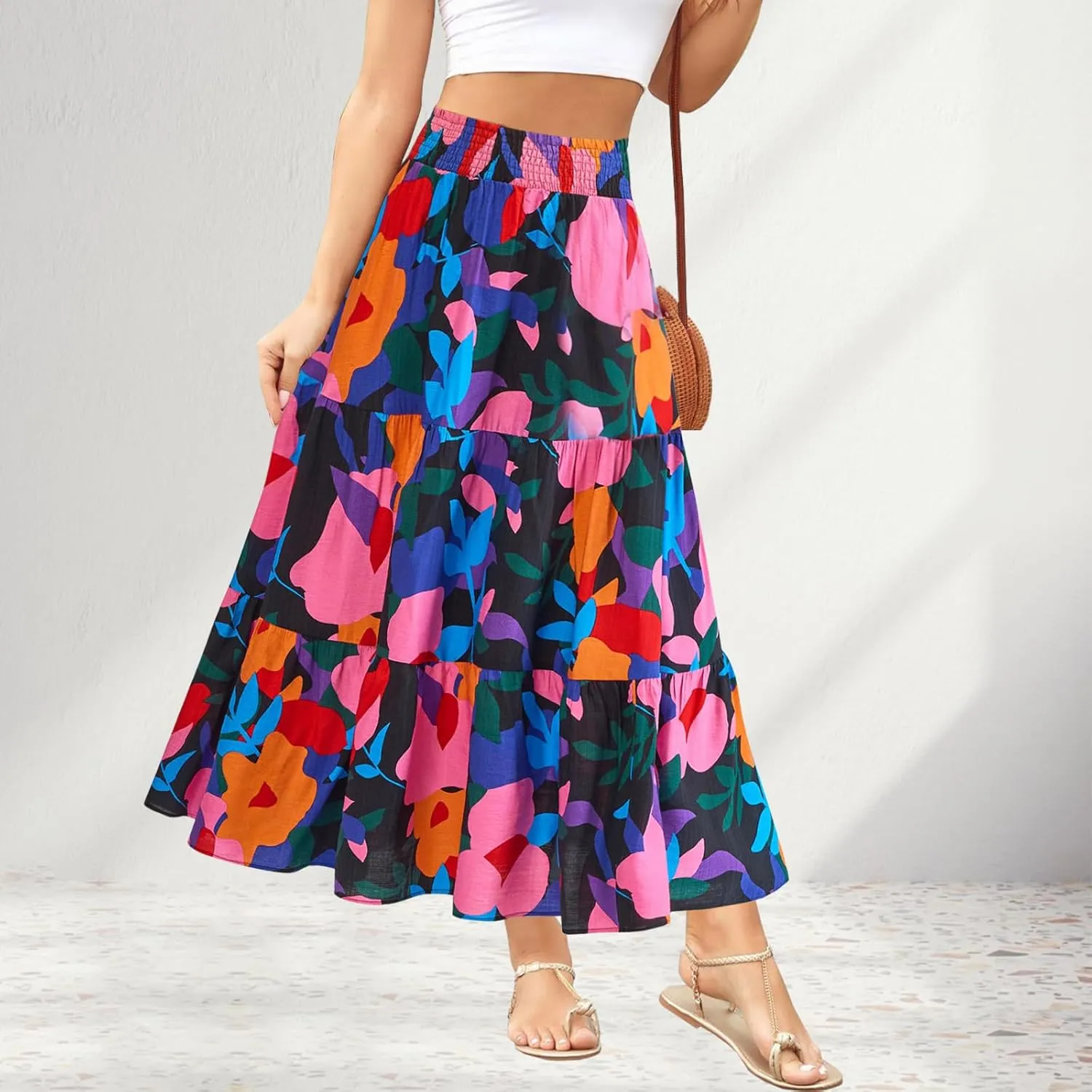 Women's Floral Print Midi Maxi Skirts Summer Elastic High Waist Pleated Aline Flowy Boho Long Skirt with Pockets