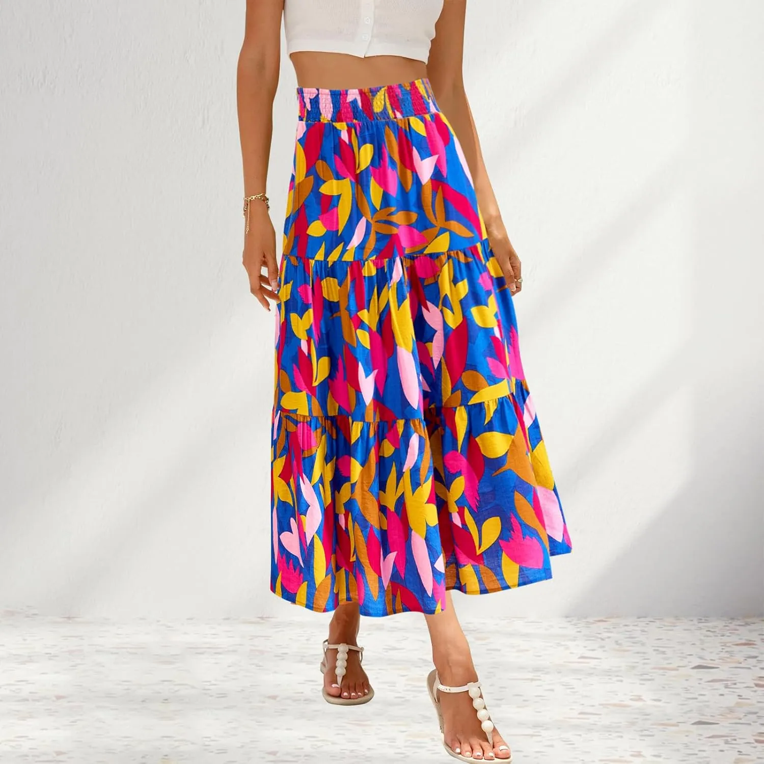 Women's Floral Print Midi Maxi Skirts Summer Elastic High Waist Pleated Aline Flowy Boho Long Skirt with Pockets