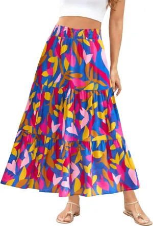 Women's Floral Print Midi Maxi Skirts Summer Elastic High Waist Pleated Aline Flowy Boho Long Skirt with Pockets