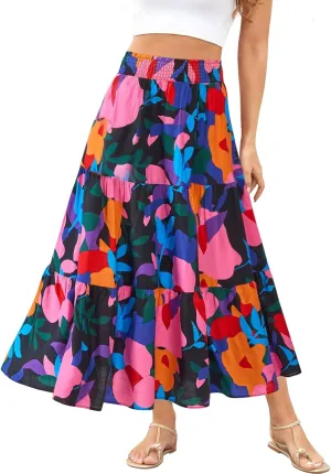 Women's Floral Print Midi Maxi Skirts Summer Elastic High Waist Pleated Aline Flowy Boho Long Skirt with Pockets