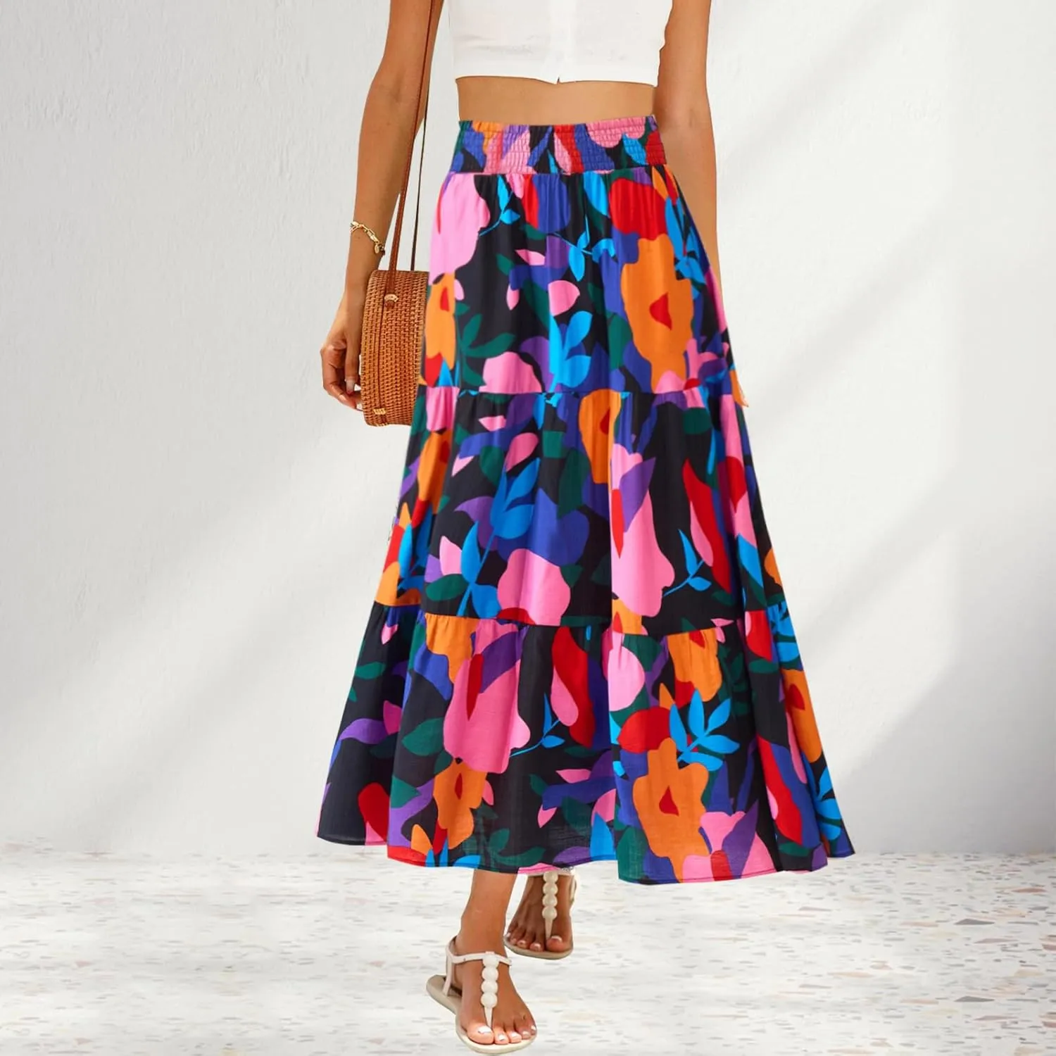Women's Floral Print Midi Maxi Skirts Summer Elastic High Waist Pleated Aline Flowy Boho Long Skirt with Pockets