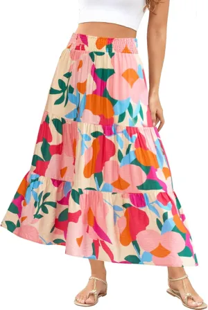 Women's Floral Print Midi Maxi Skirts Summer Elastic High Waist Pleated Aline Flowy Boho Long Skirt with Pockets