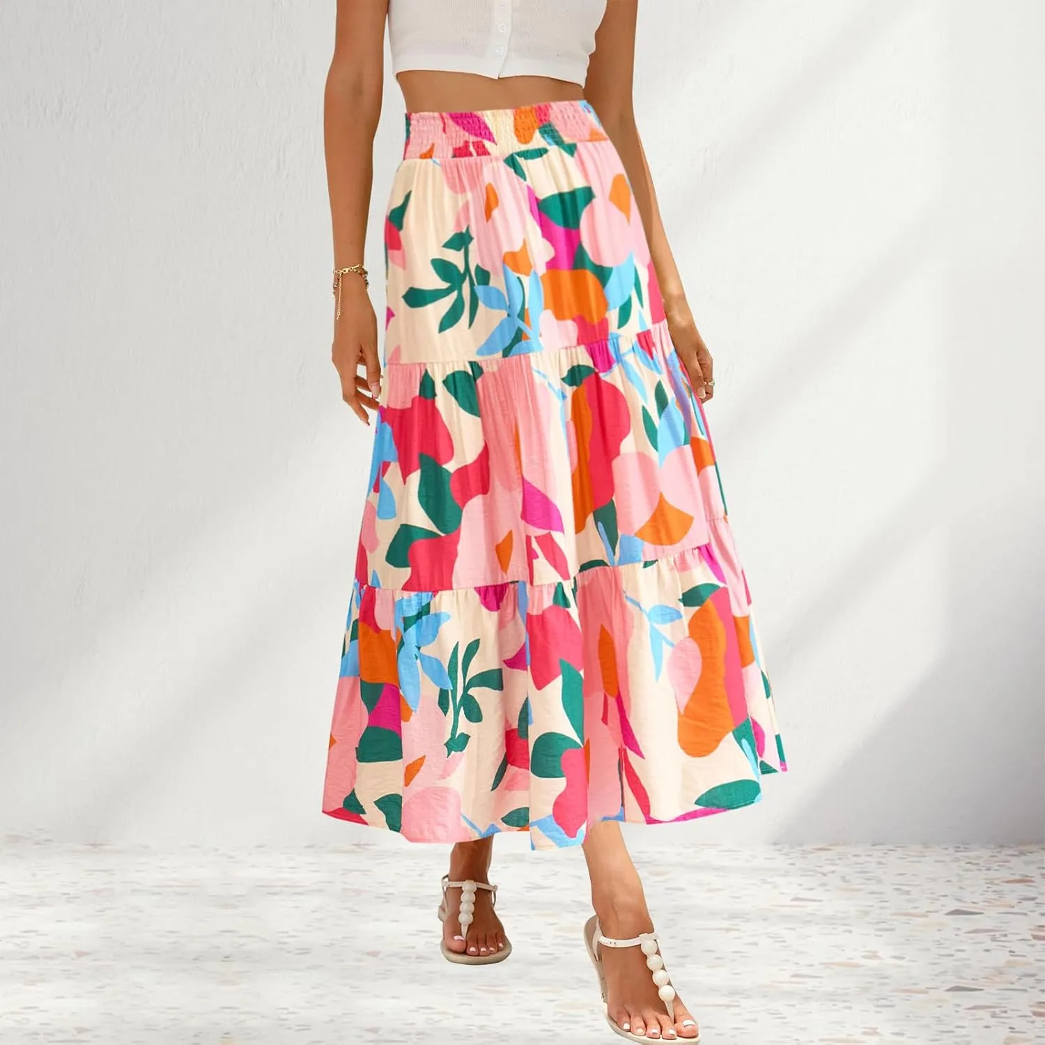 Women's Floral Print Midi Maxi Skirts Summer Elastic High Waist Pleated Aline Flowy Boho Long Skirt with Pockets