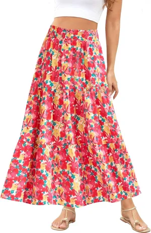 Women's Floral Print Midi Maxi Skirts Summer Elastic High Waist Pleated Aline Flowy Boho Long Skirt with Pockets