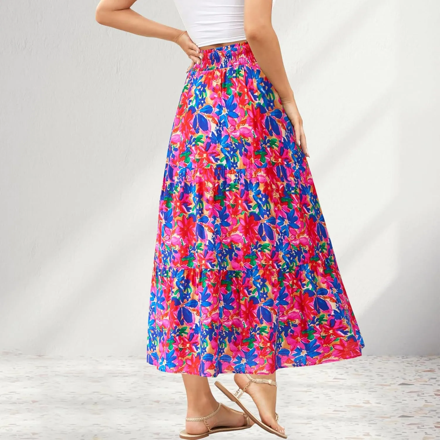 Women's Floral Print Midi Maxi Skirts Summer Elastic High Waist Pleated Aline Flowy Boho Long Skirt with Pockets