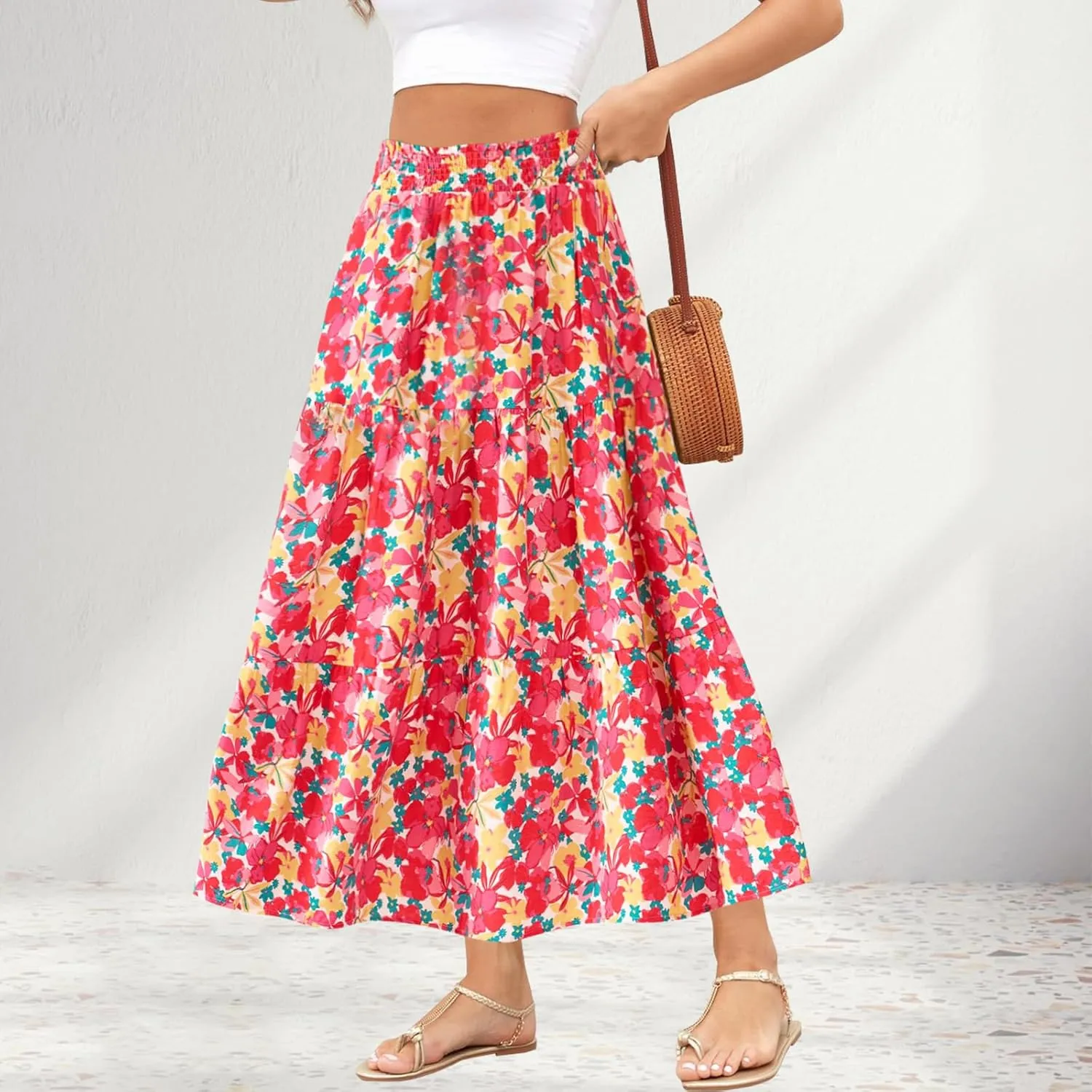 Women's Floral Print Midi Maxi Skirts Summer Elastic High Waist Pleated Aline Flowy Boho Long Skirt with Pockets