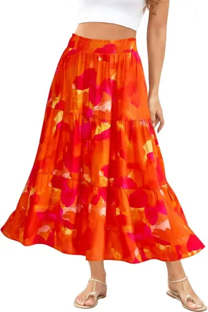 Women's Floral Print Midi Maxi Skirts Summer Elastic High Waist Pleated Aline Flowy Boho Long Skirt with Pockets