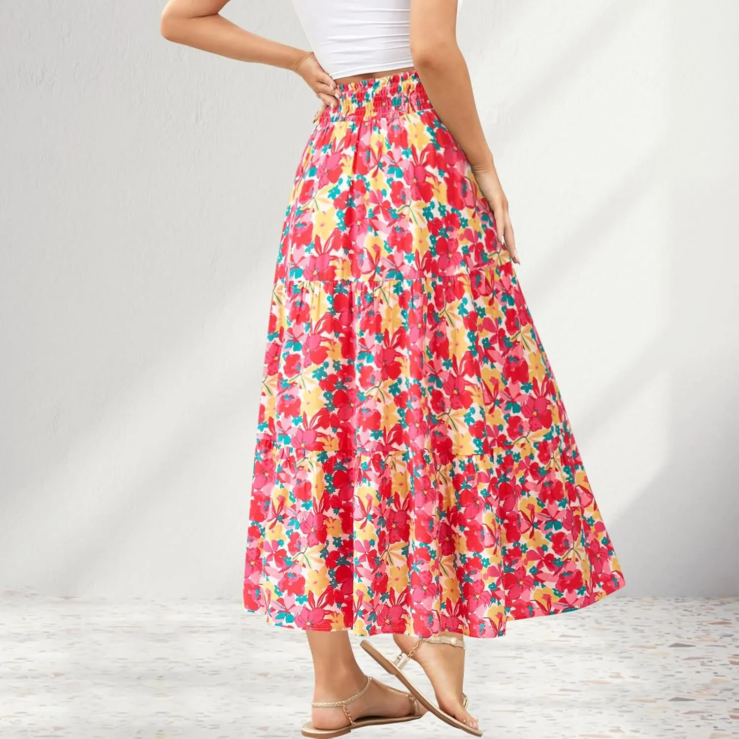 Women's Floral Print Midi Maxi Skirts Summer Elastic High Waist Pleated Aline Flowy Boho Long Skirt with Pockets