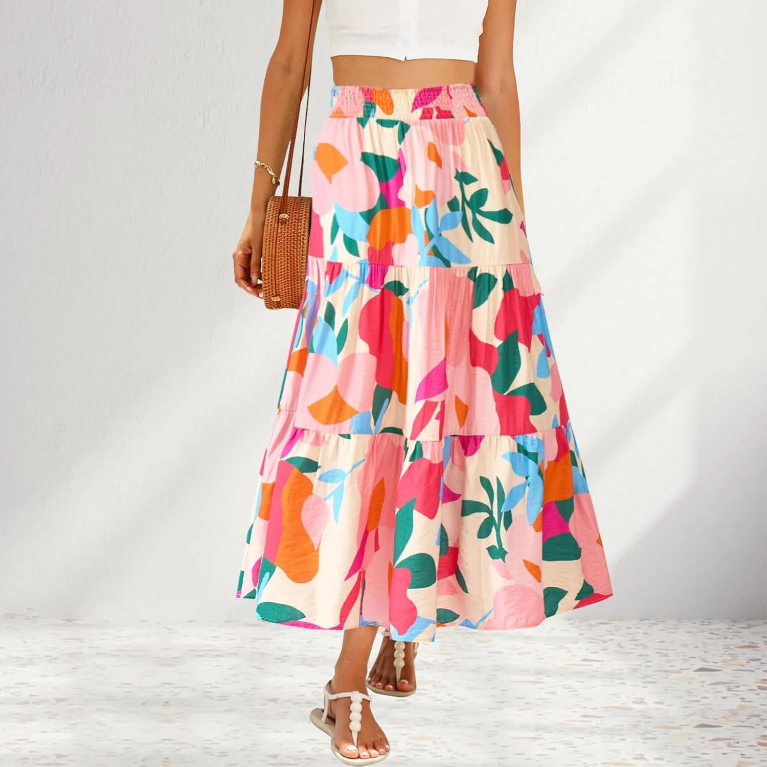 Women's Floral Print Midi Maxi Skirts Summer Elastic High Waist Pleated Aline Flowy Boho Long Skirt with Pockets