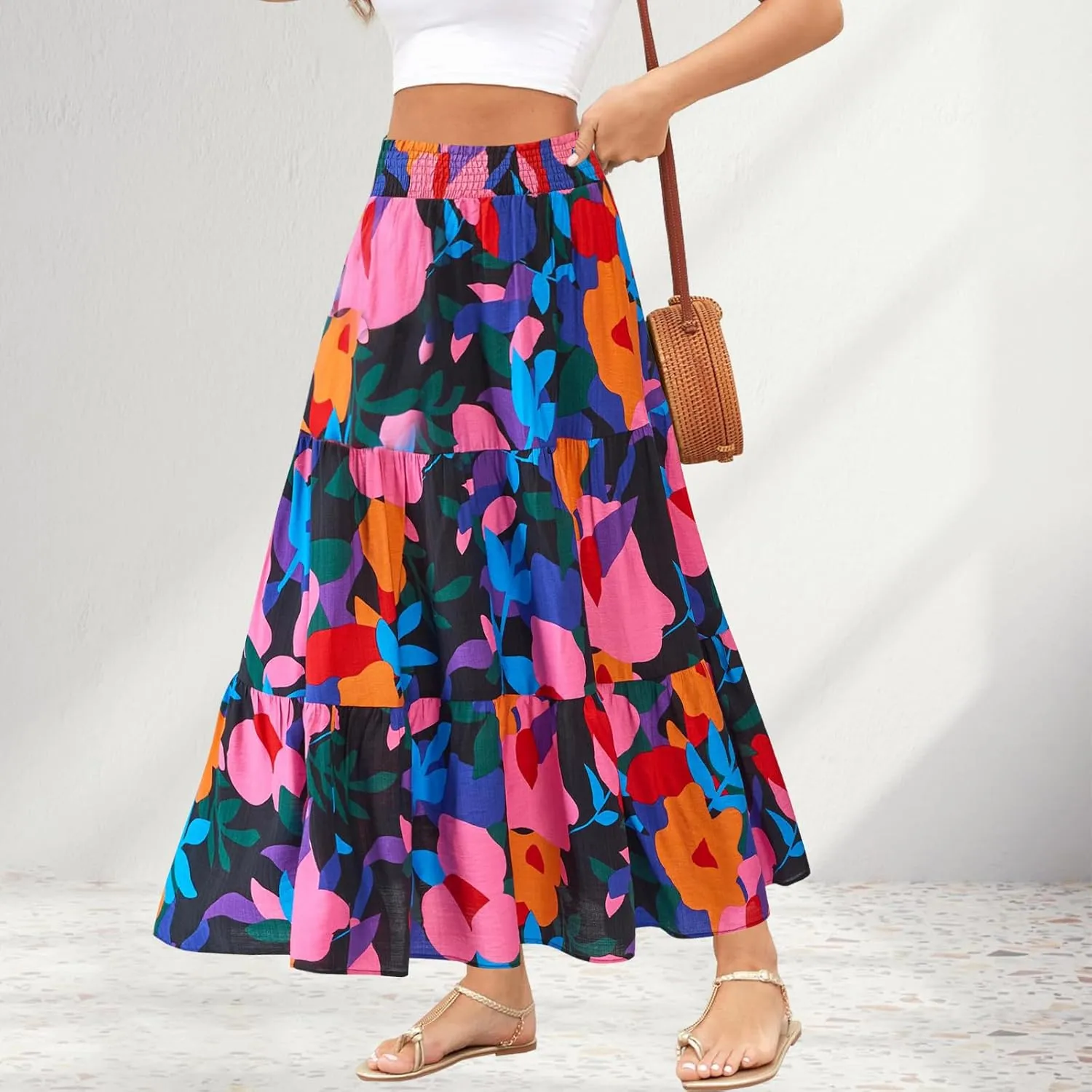Women's Floral Print Midi Maxi Skirts Summer Elastic High Waist Pleated Aline Flowy Boho Long Skirt with Pockets