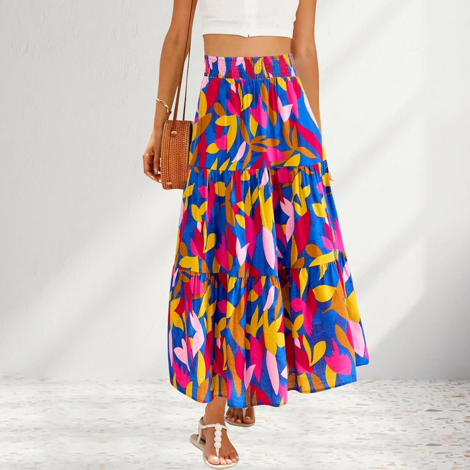 Women's Floral Print Midi Maxi Skirts Summer Elastic High Waist Pleated Aline Flowy Boho Long Skirt with Pockets