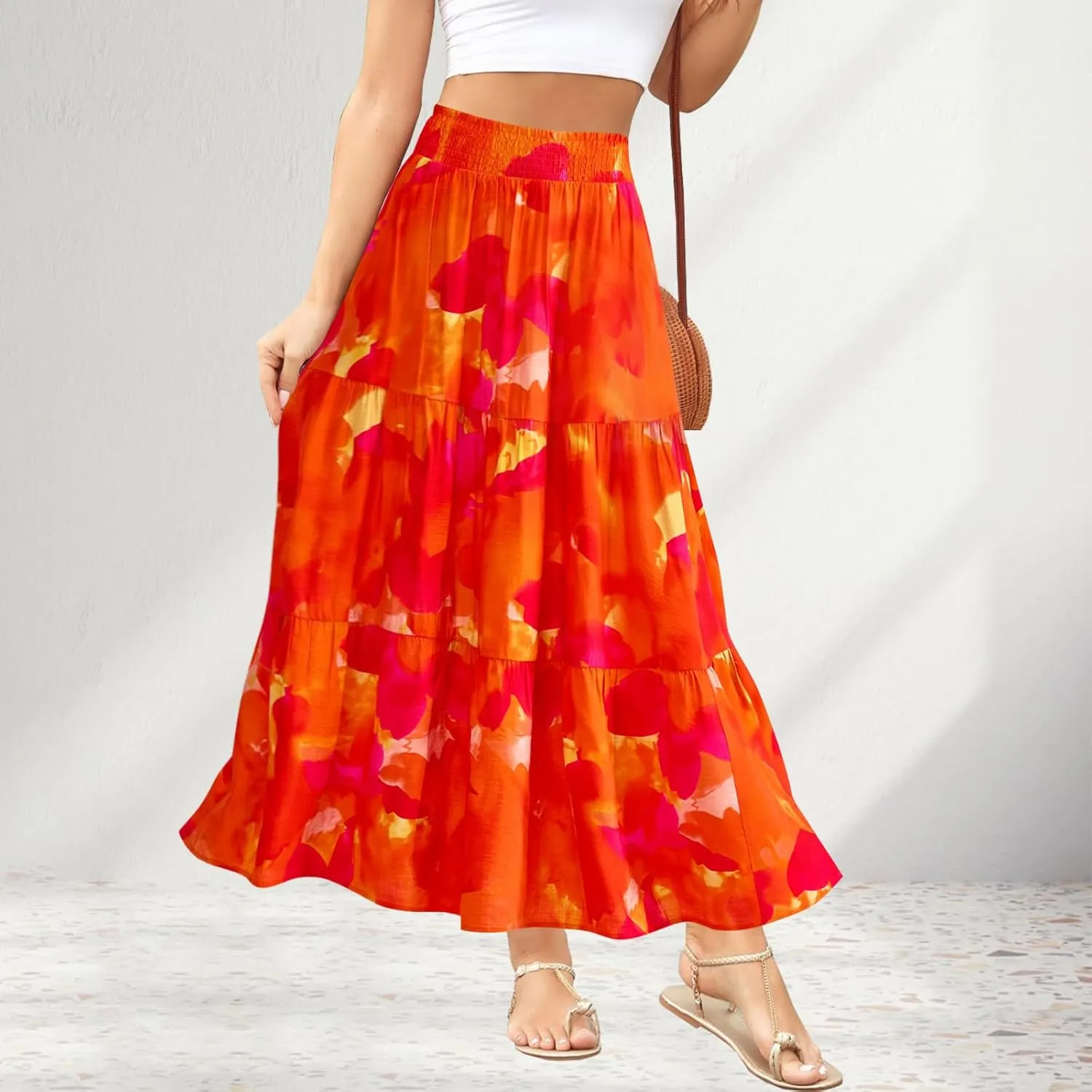 Women's Floral Print Midi Maxi Skirts Summer Elastic High Waist Pleated Aline Flowy Boho Long Skirt with Pockets