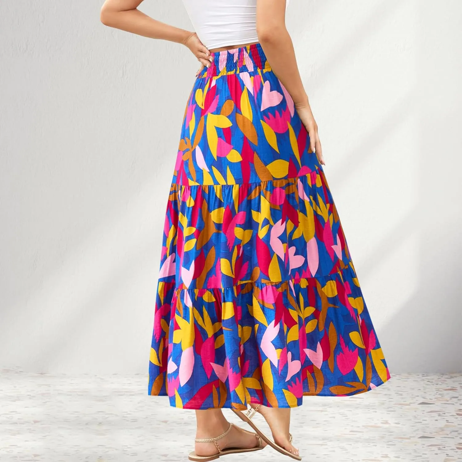 Women's Floral Print Midi Maxi Skirts Summer Elastic High Waist Pleated Aline Flowy Boho Long Skirt with Pockets