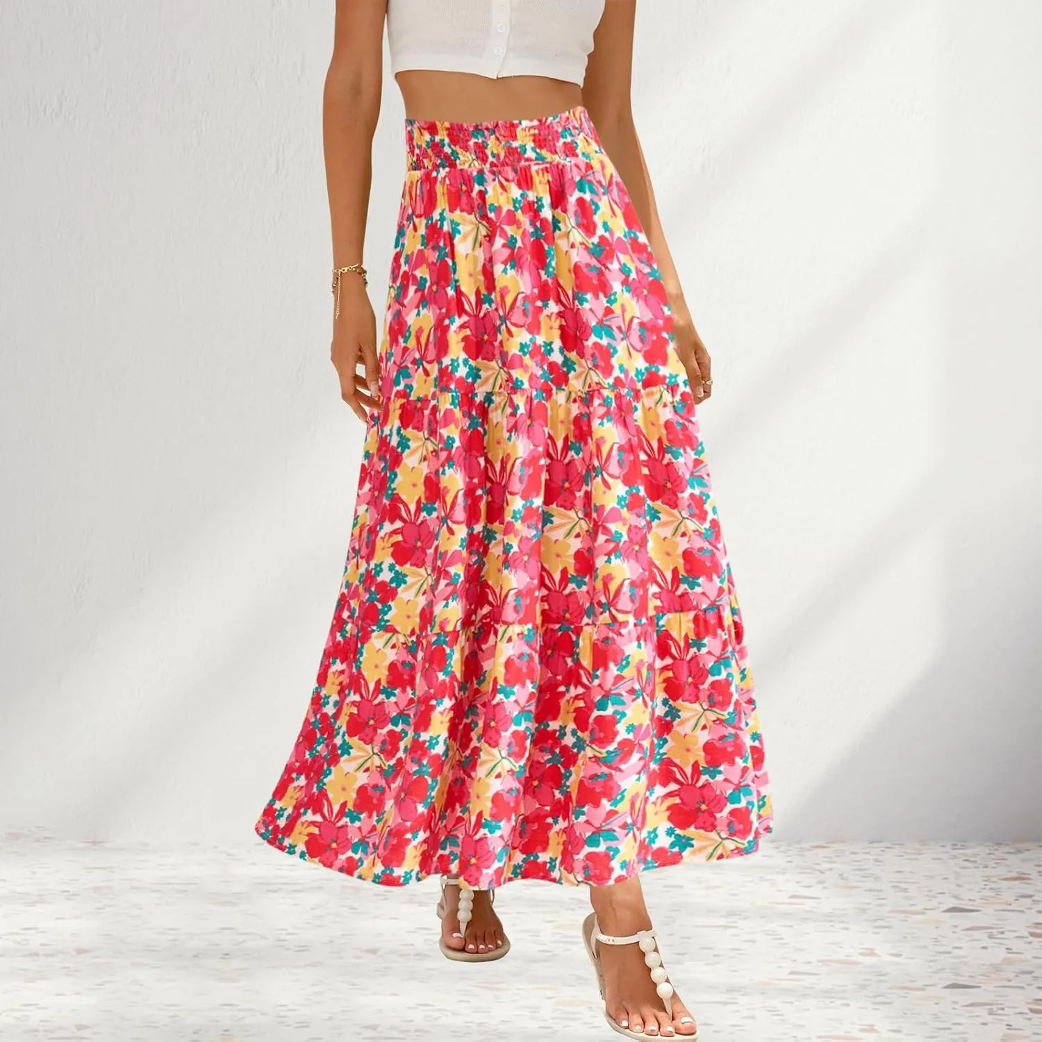 Women's Floral Print Midi Maxi Skirts Summer Elastic High Waist Pleated Aline Flowy Boho Long Skirt with Pockets