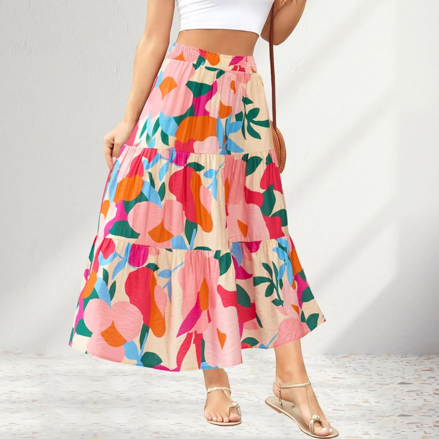 Women's Floral Print Midi Maxi Skirts Summer Elastic High Waist Pleated Aline Flowy Boho Long Skirt with Pockets