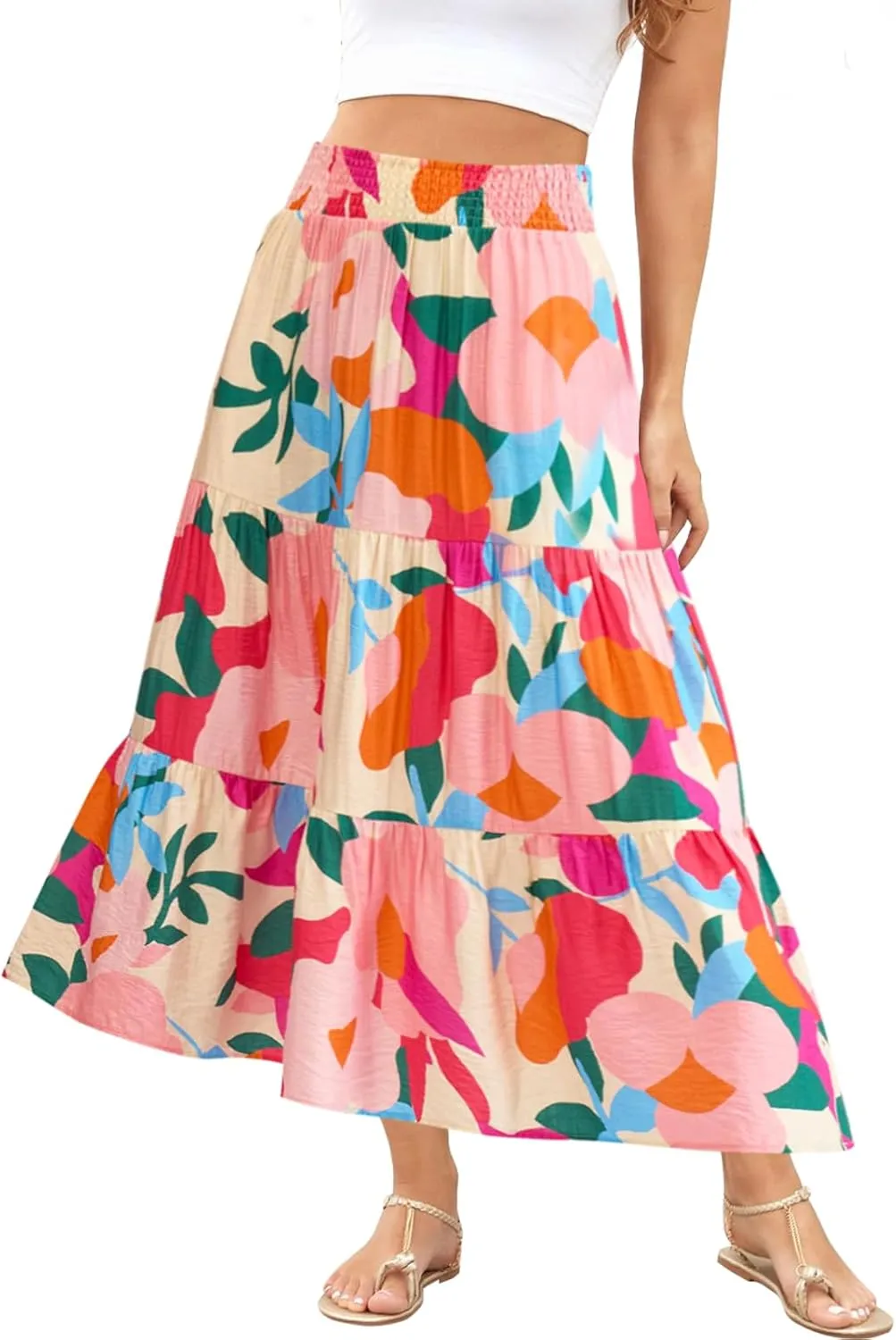 Women's Floral Print Midi Maxi Skirts Summer Elastic High Waist Pleated Aline Flowy Boho Long Skirt with Pockets