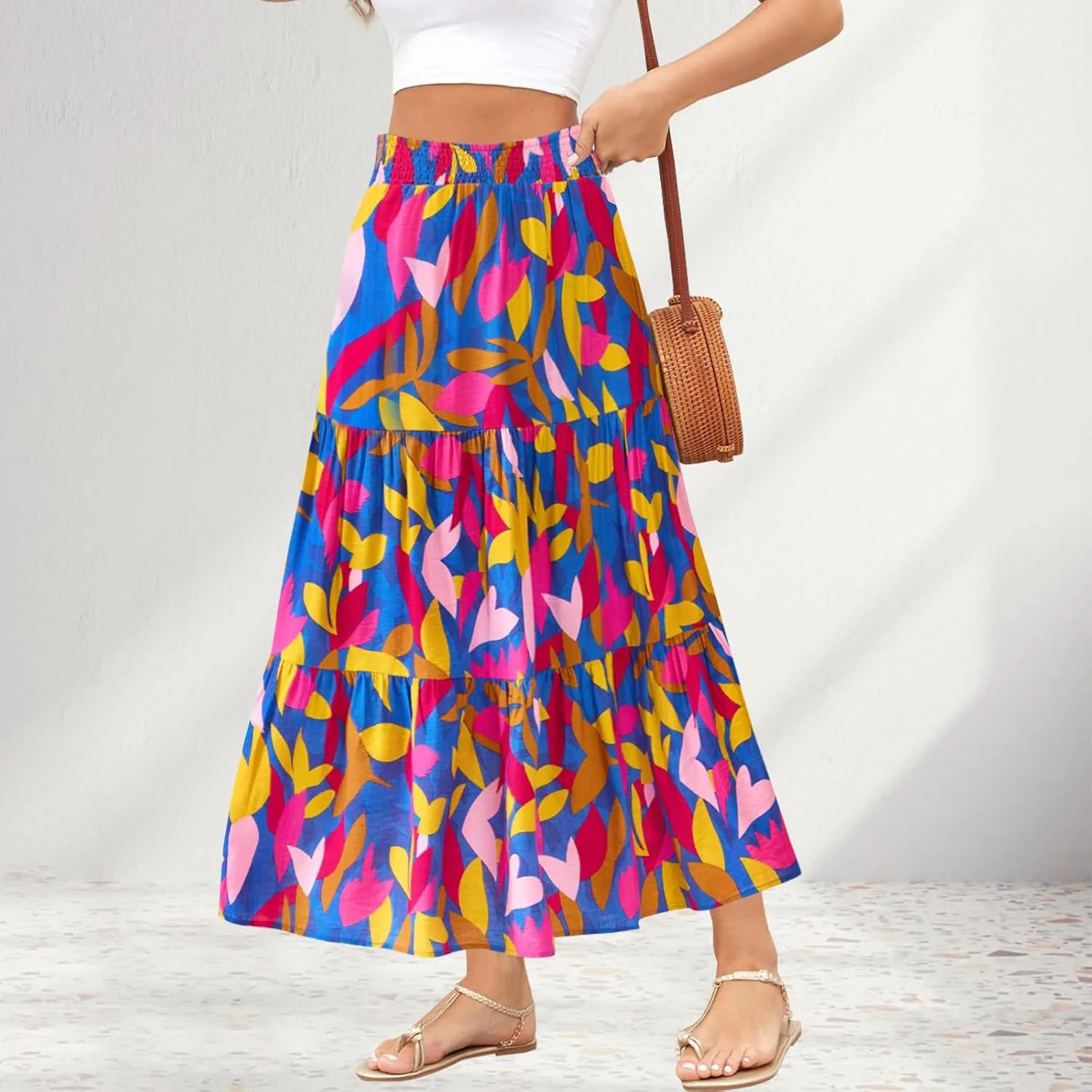 Women's Floral Print Midi Maxi Skirts Summer Elastic High Waist Pleated Aline Flowy Boho Long Skirt with Pockets