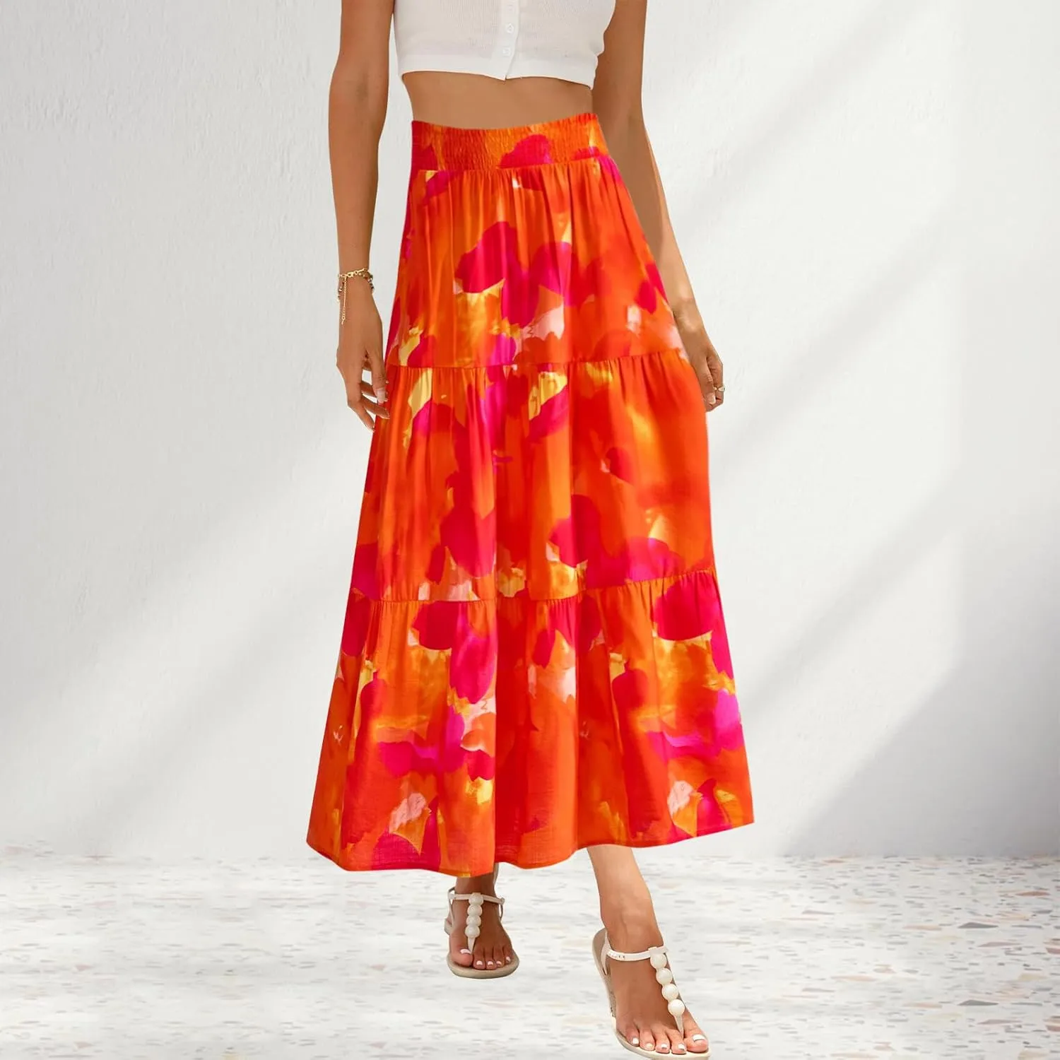 Women's Floral Print Midi Maxi Skirts Summer Elastic High Waist Pleated Aline Flowy Boho Long Skirt with Pockets